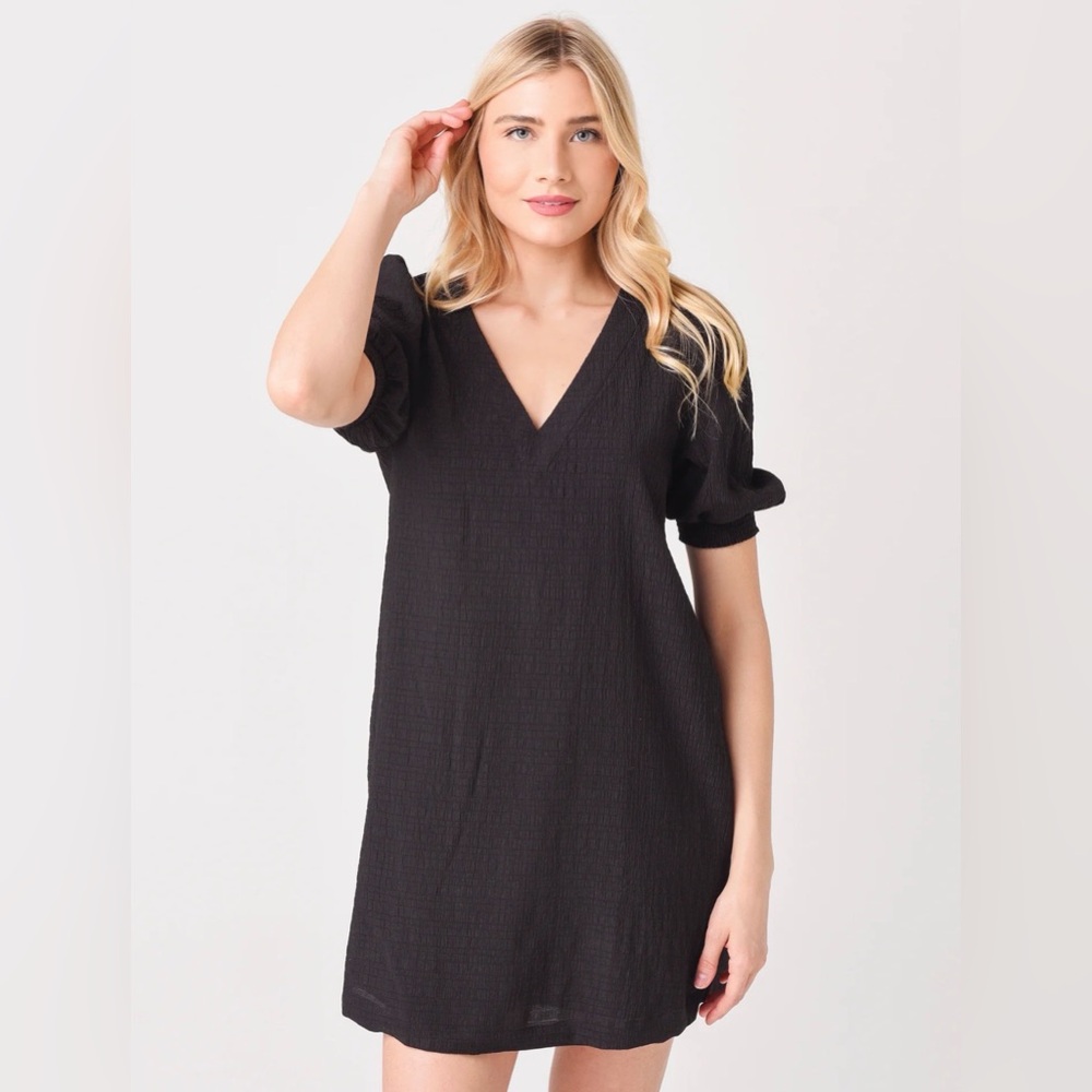 BB Dakota Fields of Gold Black Textured Mini Dress with V-Neck Puff Sleeves